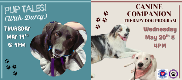 Read with Darcy at the library on May 14th @ 4PM and Auzzy & Fleur on May 20th @ 4PM.