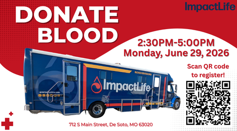 Impactlife donor bus with scannable qr code to register for an appointment. Monday, June 29 from 2:30-5PM